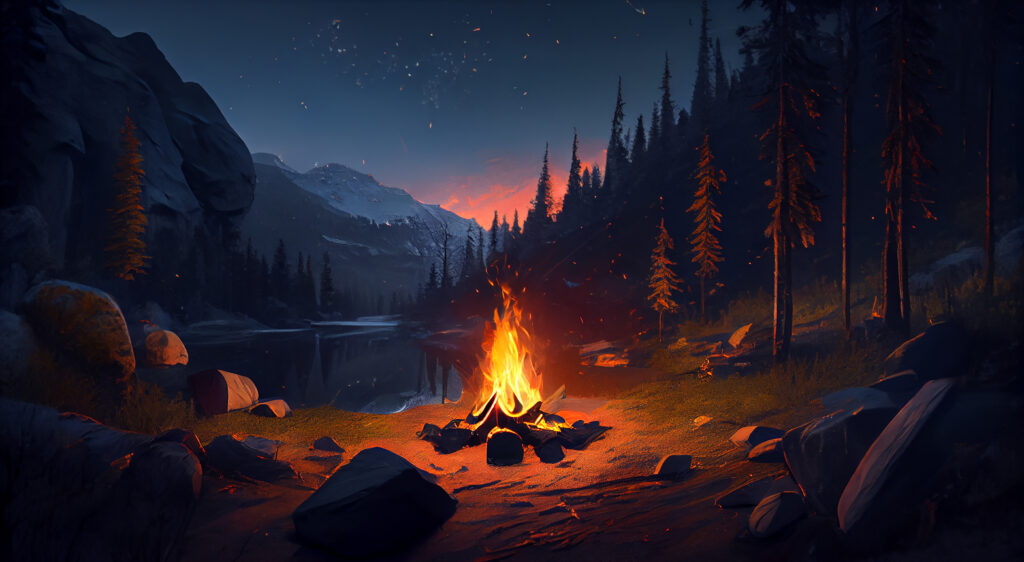 forest campfire at night flames illuminating nature beauty generated by ai